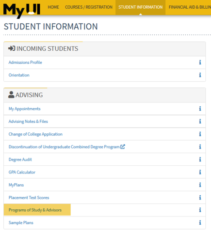 screenshot of student information section in MyUI